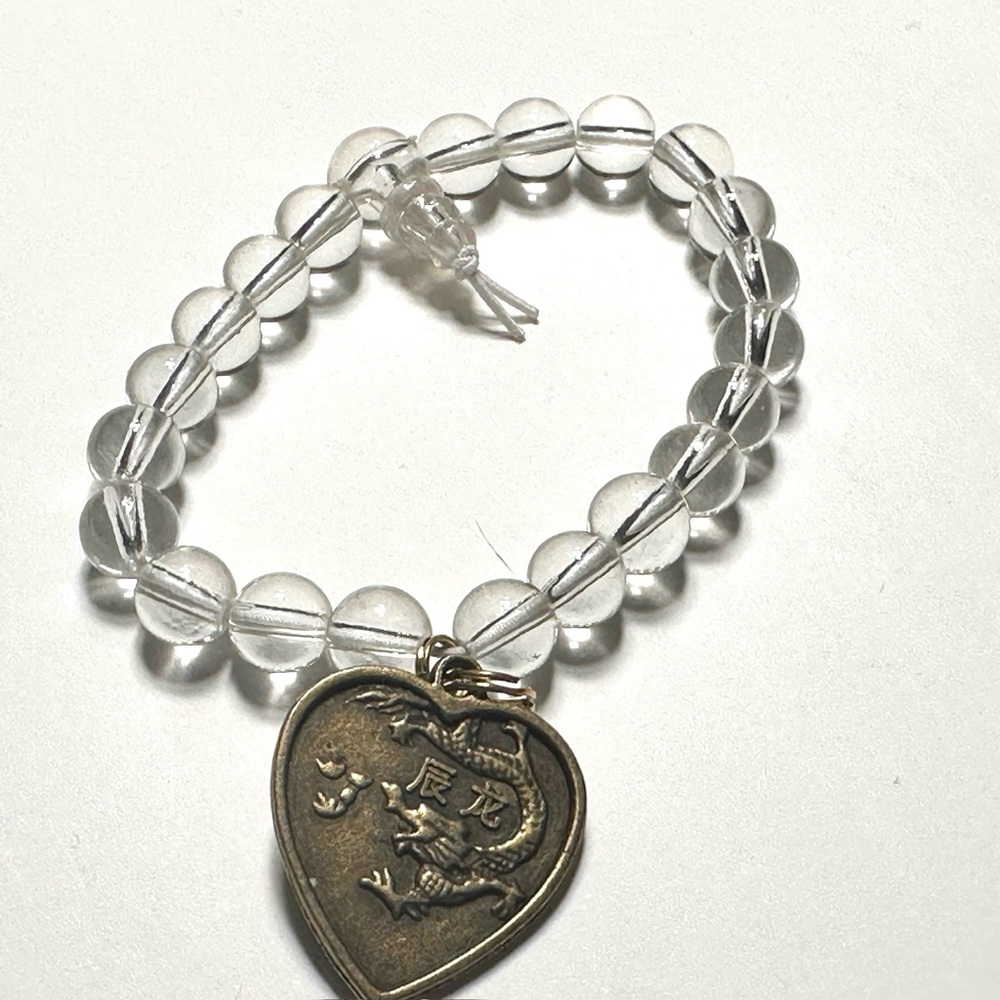 Chinese Horoscope Dragon Heart Charm Stretch Bracelet Mala Clear Round Beads